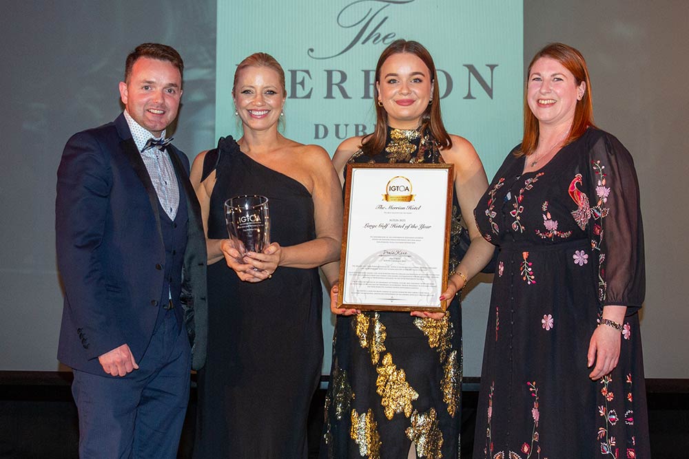 2023 IGTOA Large Golf Hotel of the Year - The Merrion HotelAccepting the Award: Susie Hopkins-Burke, Assistant Director of Sales and Deirdre Cullen of The Merrion Hotel.Presented by: IGTOA Member, Susan McCann Carr Golf, Travel and Liam Brogan Two Stacks Whiskey.