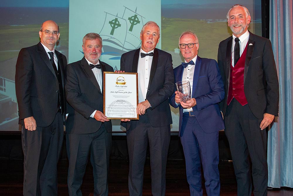 <strong>2023 IGTOA Links Golf Course of the Year - Tralee Golf Club</strong><br />Accepting the Award: John Reen, Martin Mitchell & Teddy Reynolds.<br />Presented by: IGTOA Member John Baker, Haversham and Baker & Michael Weston Slieve Donard Hotel.
